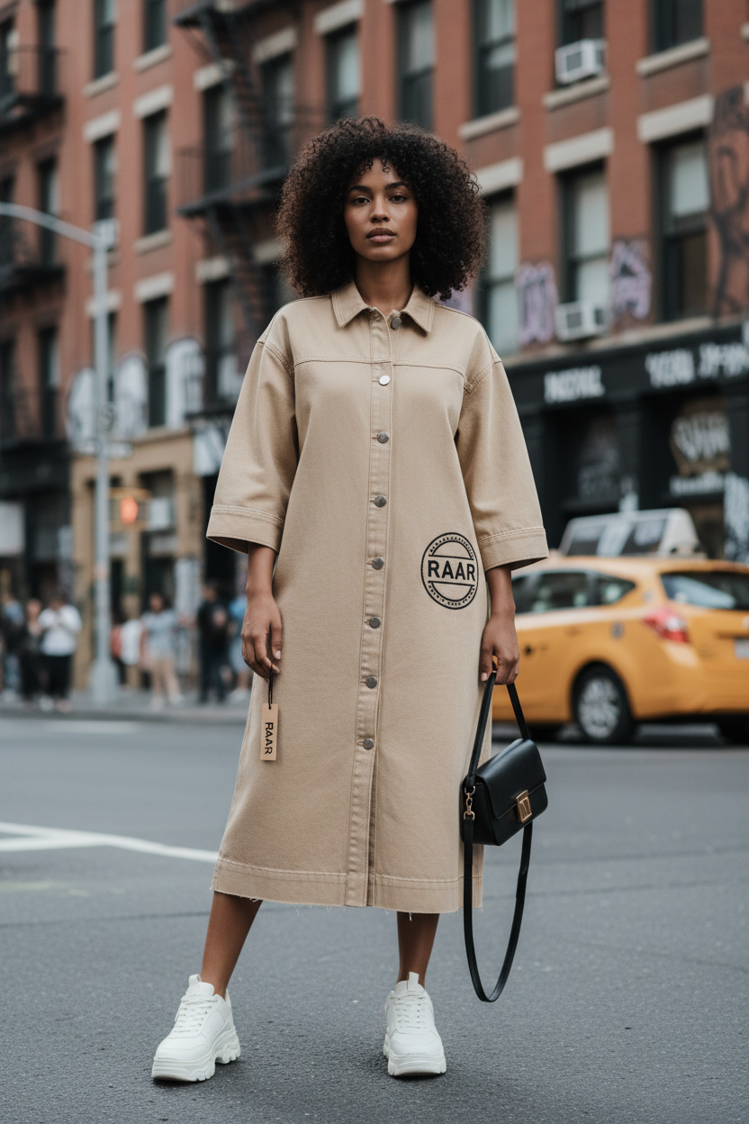 RAAR Women's Denim Dress Beige Midi Button Front style with RAAR logo