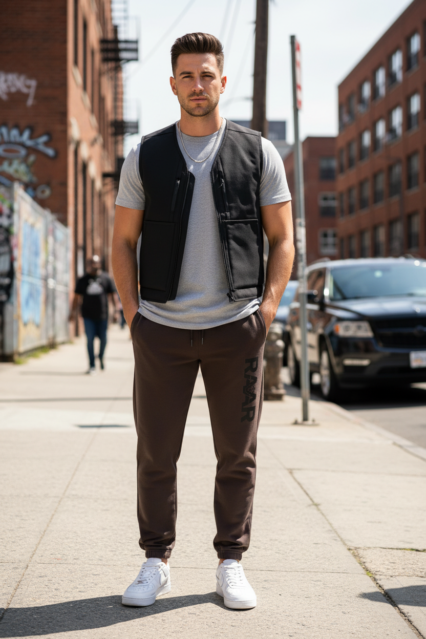 Male model wearing Espresso RAAR Joggers