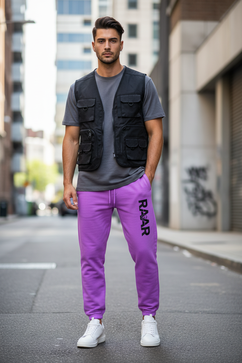 Male model wearing Neon Violet RAAR Joggers