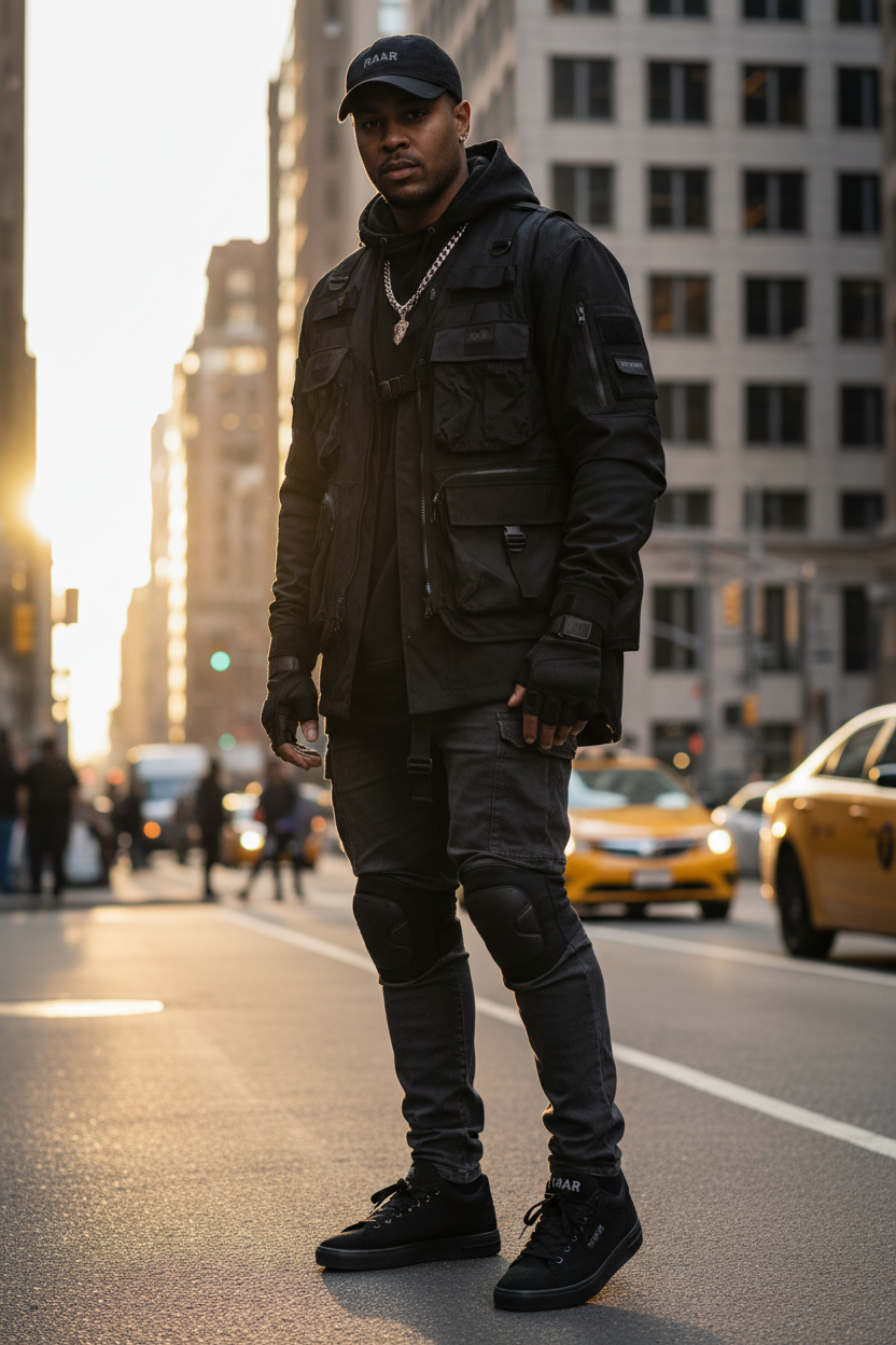 Man wearing RAAR Low Sneakers black colorway urban tactical streetwear lifestyle shot