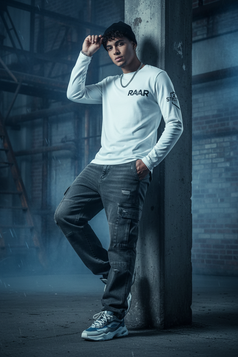 Model wearing Long Sleeve Shirt - cool blue cinematic urban lifestyle