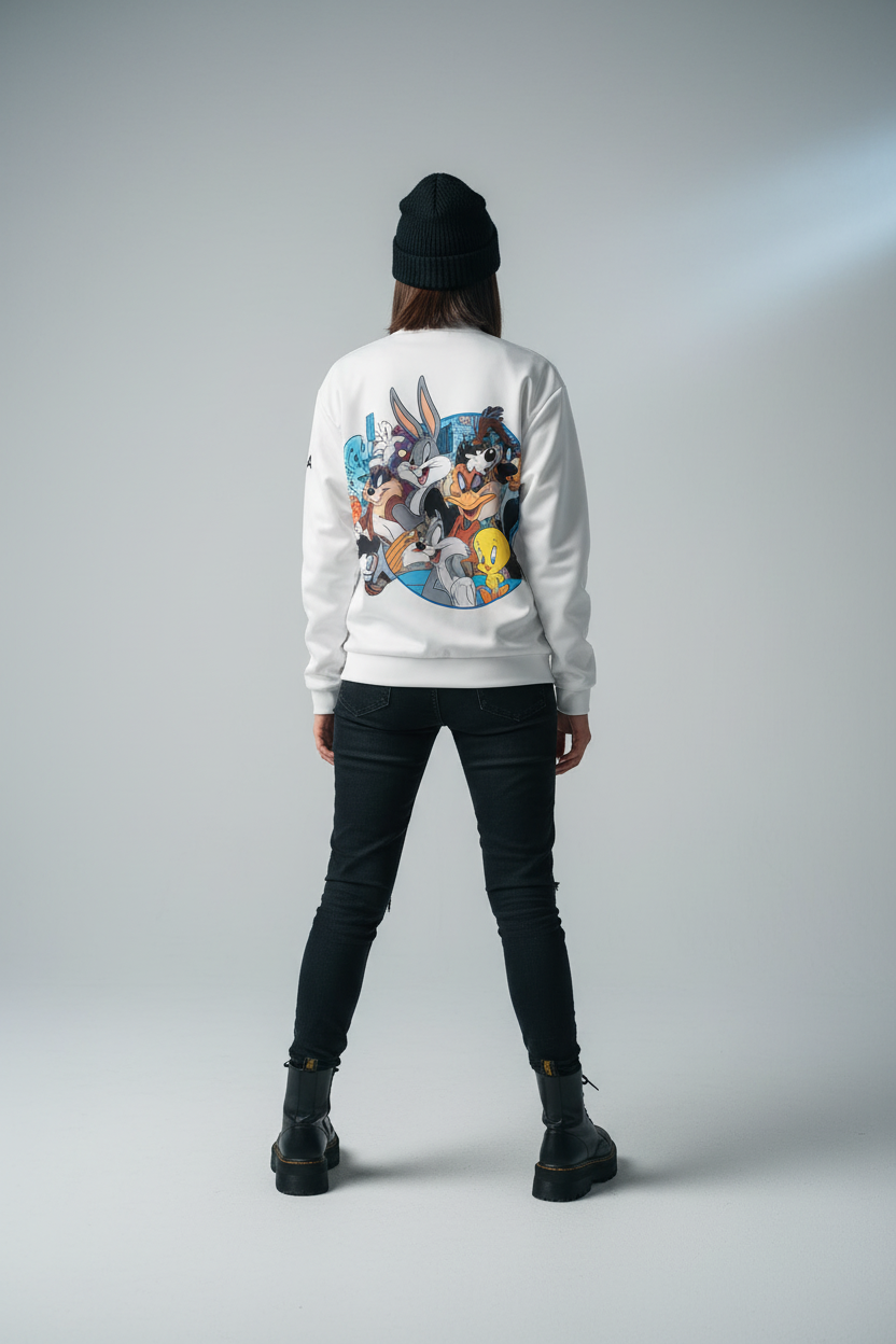 Woman wearing RAAR Looney Toons Bomber Jacket back view studio