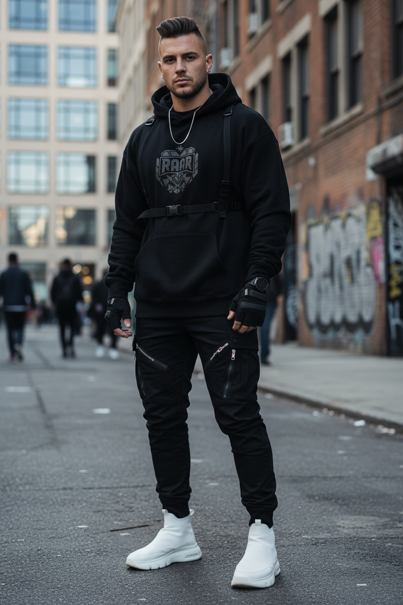 Male model wearing black RAAR Men's Oversized Hoodie