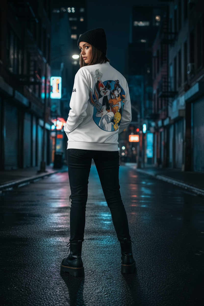 Woman wearing RAAR Looney Toons Bomber Jacket back view outdoor