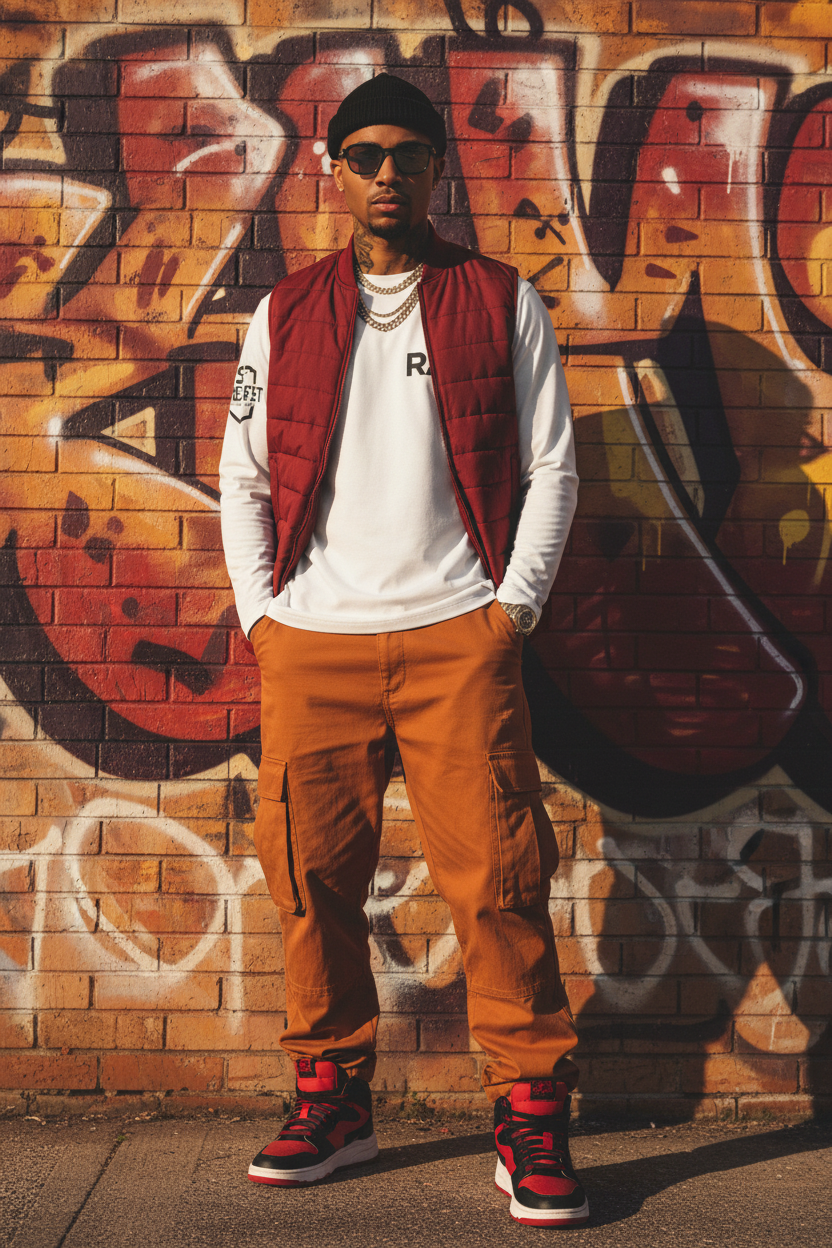 Model wearing Long Sleeve Shirt - red orange street style lifestyle