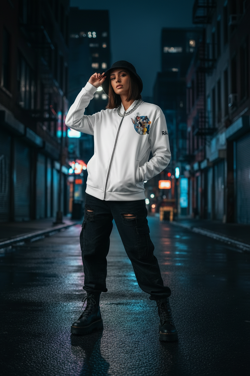 Woman wearing RAAR Looney Toons Bomber Jacket outdoor city
