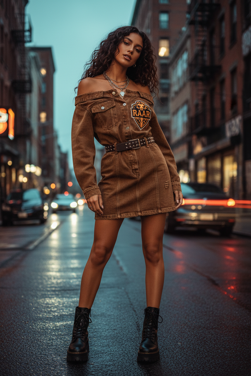 RAAR Women's Denim Dress Brown Off-Shoulder Mini style with RAAR logo