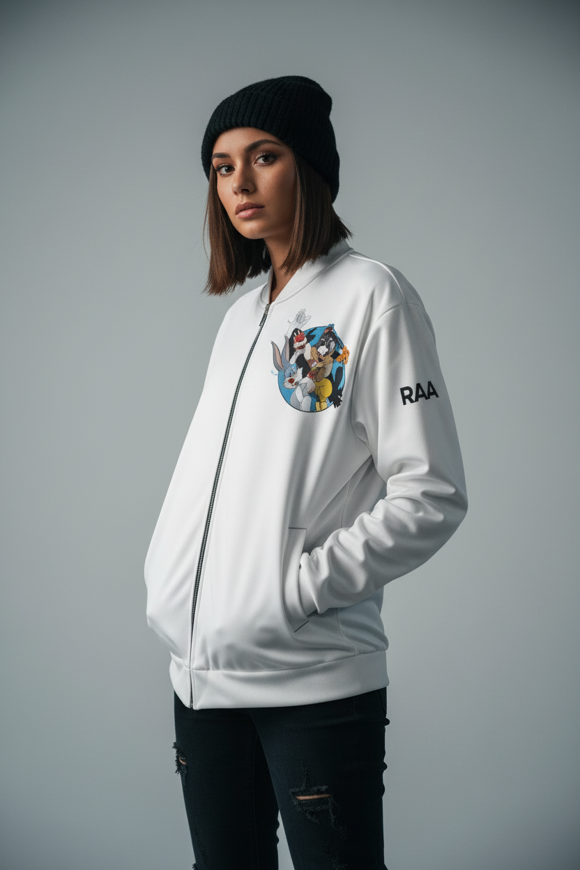 Woman wearing RAAR Looney Toons Bomber Jacket studio close-up