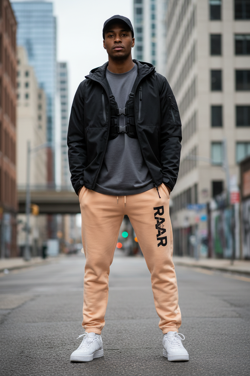Male model wearing Peachy RAAR Joggers