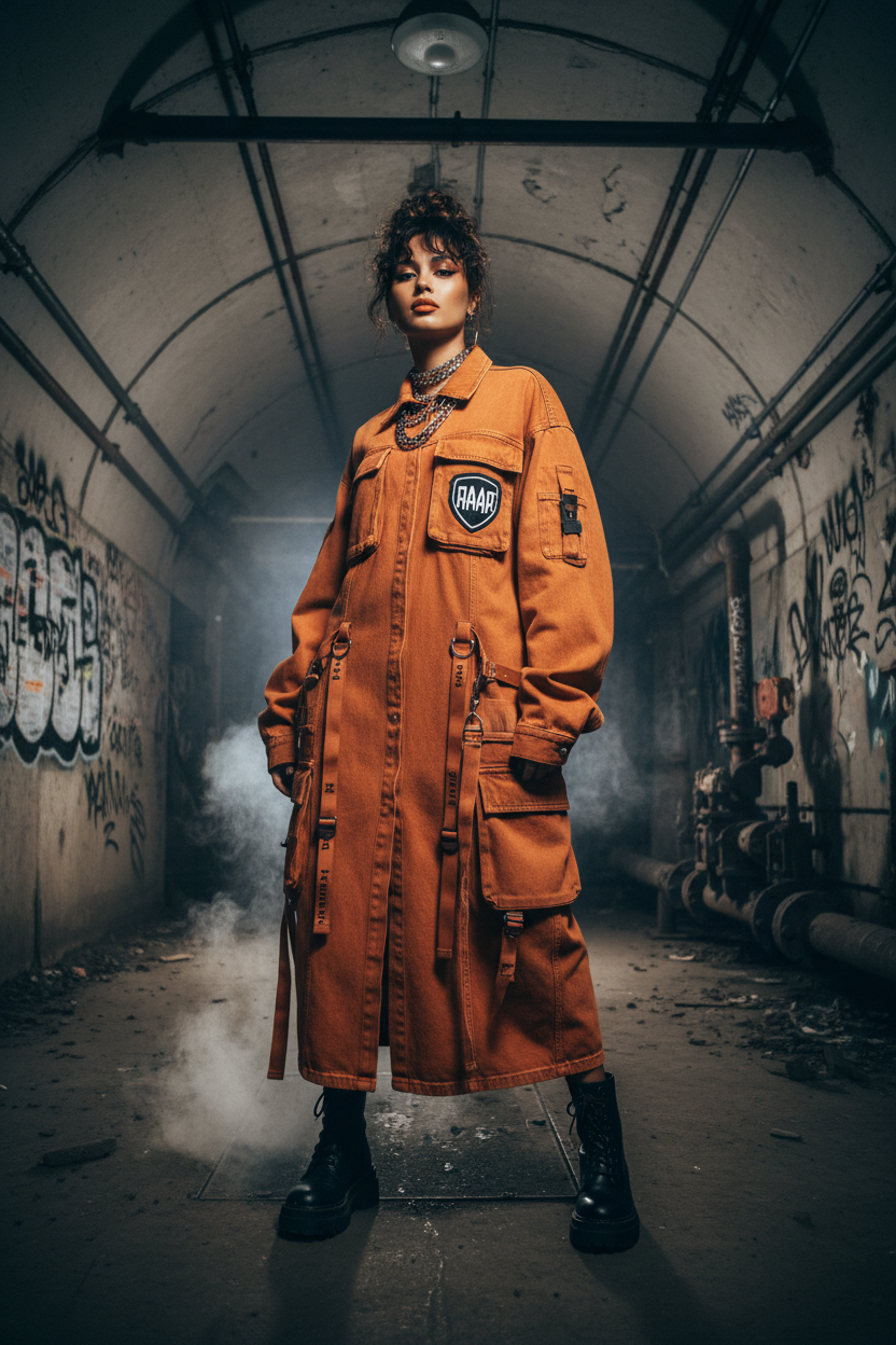 RAAR Women's Denim Dress Orange Urban Cargo Utility style with RAAR logo